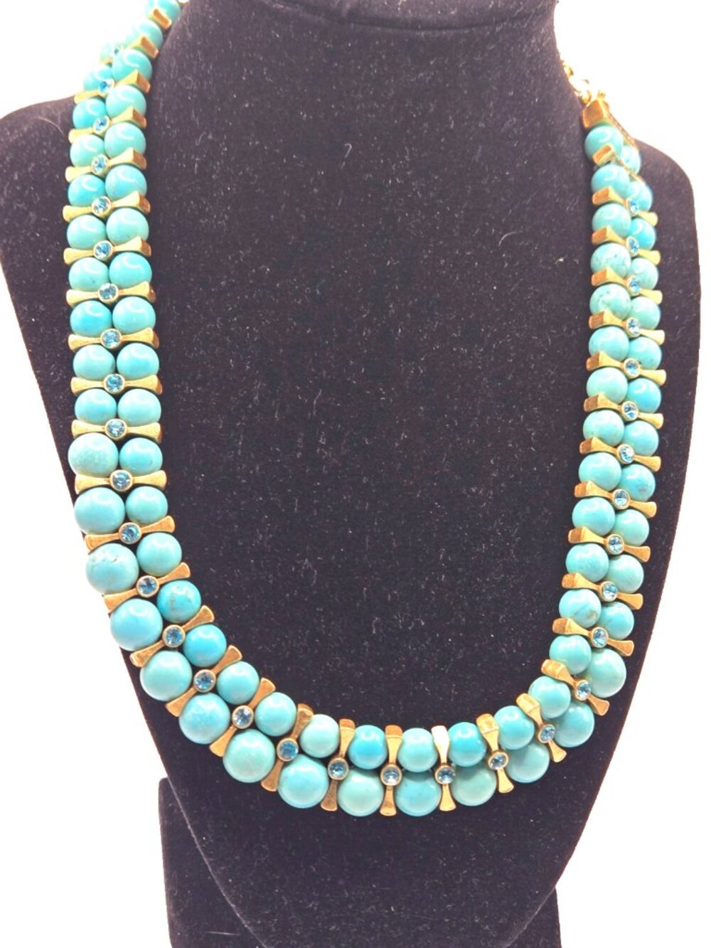 Vintage Blue Bead Statement Collar Necklace Gold Tone Aqua Crystal Accents Adjus